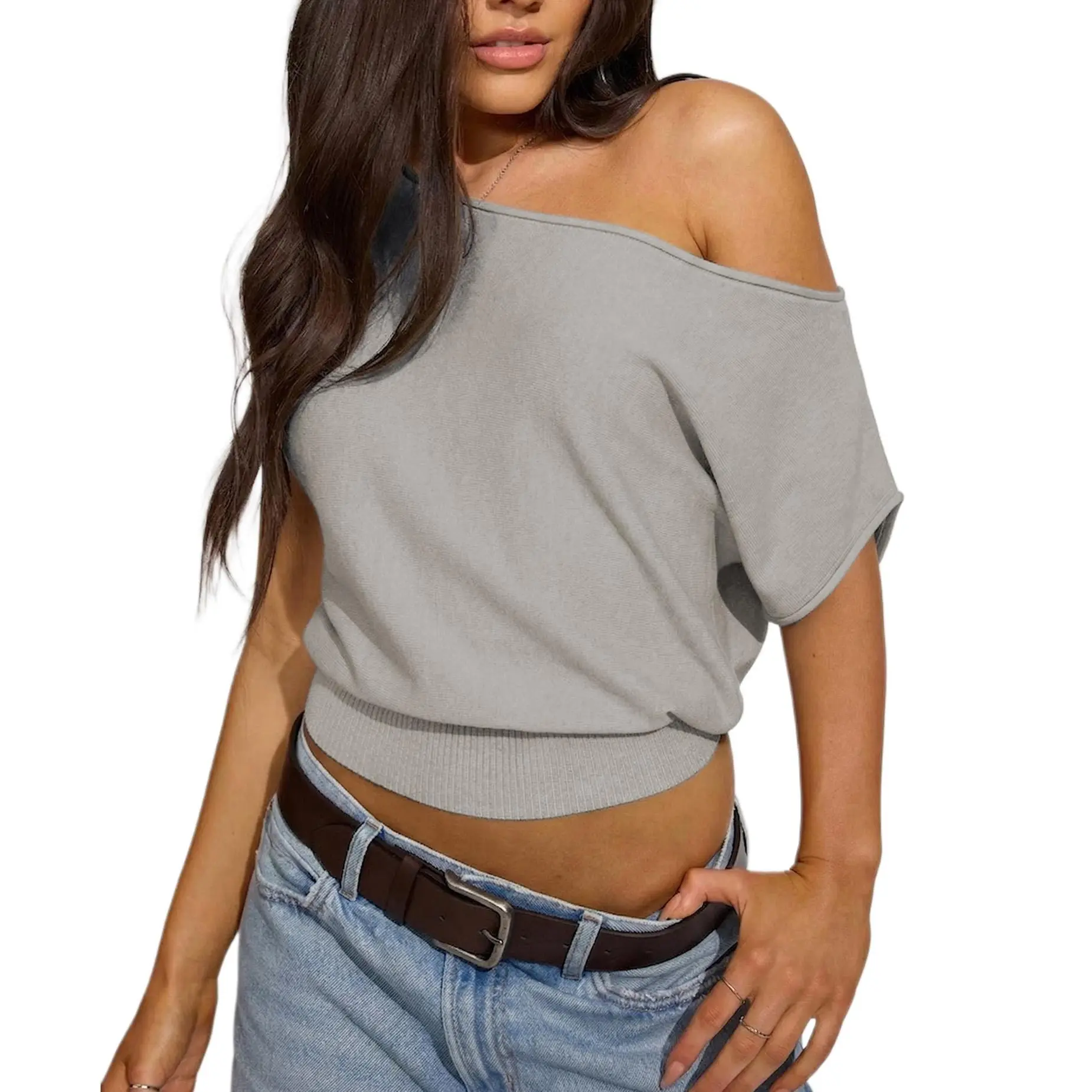 Keeliya Women's Off-the-Shoulder Plain Knit Shirt - Short-Sleeve, Dolman Sleeve, Cropped, Asymmetric, Cinched Waist, Draped, Oversized, Sexy Look Going Out Top, Polyester, Cold Handwash, Shirts for Women