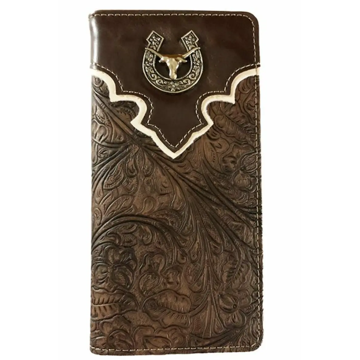 Men's Western Bifold Wallet Texas Longhorn Design in Brown Leather