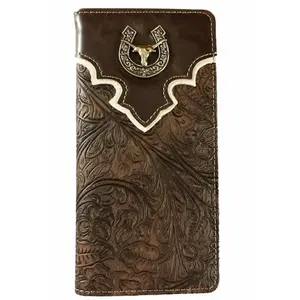 Men's Western Bifold Wallet Texas Longhorn Design in Brown Leather