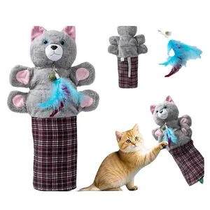 SOFTPAW Grey Cat Hand Puppet for Pet Lovers, 20-in Thick Anti-Scratch Reinforced Plush Glove, Catnip Ball, Detachable Interactive Kitten Wand, Indoor Cat Bonding Play Toy