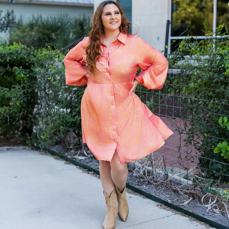 Peach Blossom Metallic Balloon Sleeve Shirt Plus Size Mini Dress