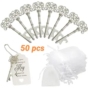 50Sets Vintage Flower Key Shape Bottle Opener Keychain, Wedding Favors And Bridal Shower Favors, Bridal Shower Gifts