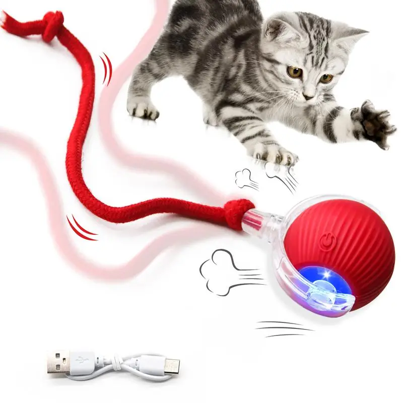 Automatic Rolling Cat Toy Ball with Silicone Shell, Auto-Moving Bird Chirping Sound, USB Rechargeable, Red Tassel Tail - Indoor Play Exercise Aid for Kittens (Home Supplies, Party Bag Gift)