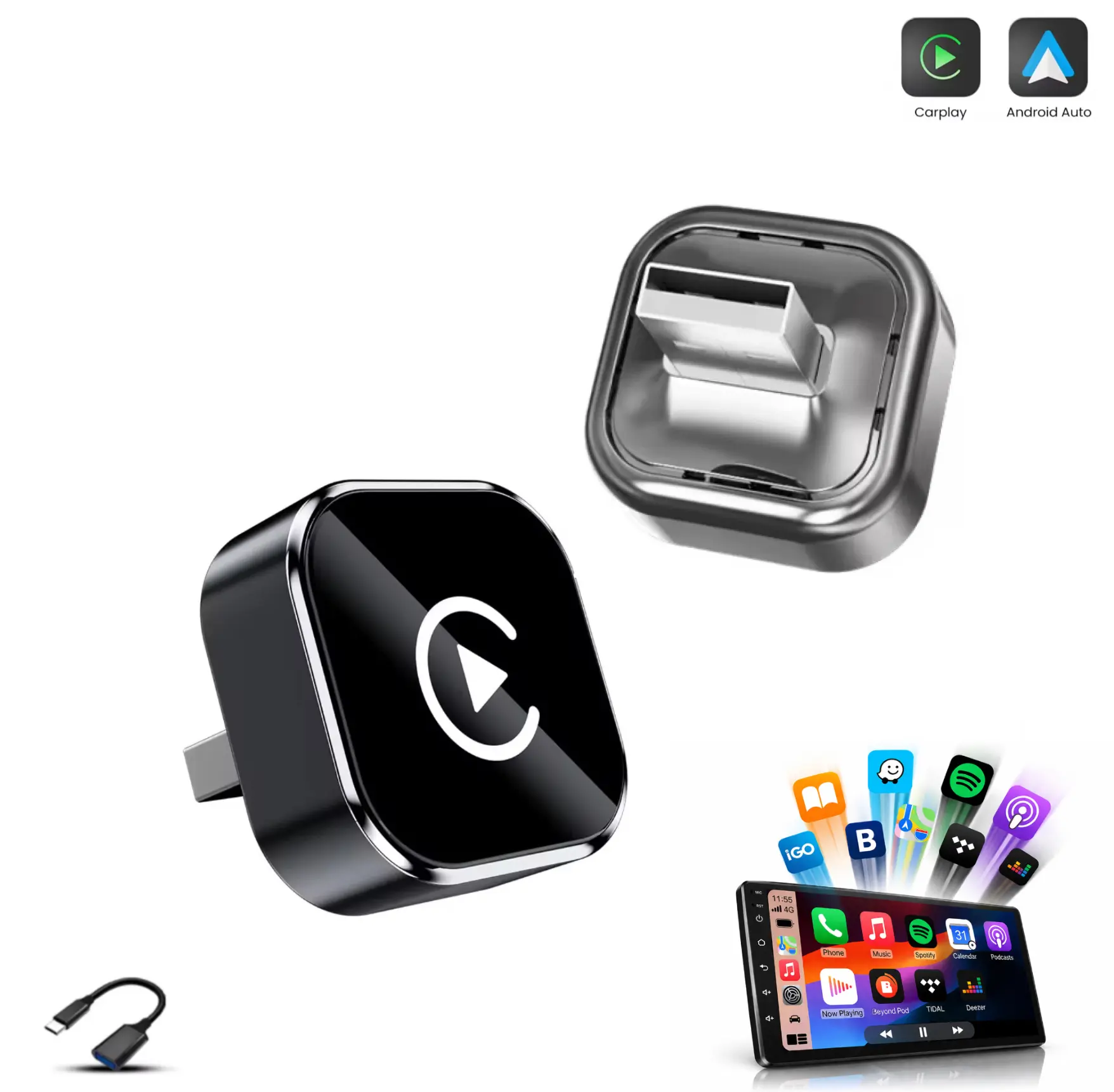 2-in-1 Wireless CarPlay & Android Auto Adapter, 2026 Capacitive Wired-to-Wireless Converter for iPhone & Android, Fast Auto-Connect, Fast Charging, No Latency, Compact Design with USB/USB-C Port