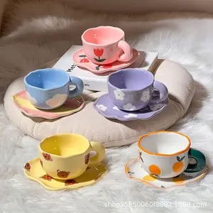 Hand-Painted Ceramic Cup and Saucer Set, Cute Irregular Shaped Coffee Mug with Floral, Bear, Tulip and Orange Prints, Aesthetic Pastel Teacup for Tea, Coffee and Home Decor