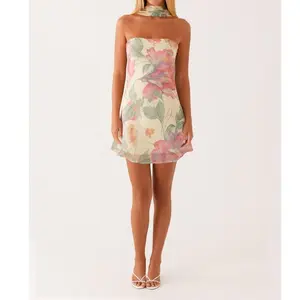 Women Mini Dress with Scarf, Off Shoulder Strapless Backless Flower/SolidFit Summer Tube Dress