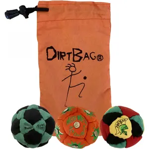 Meet the sturdy DirtBag Footbag! Built to last for endless kicking games. Compact and easy to carry, ideal for outdoor hangouts and travel fun for the whole family A set of randomly colored items (3 pieces per set + 1 zipper bag)