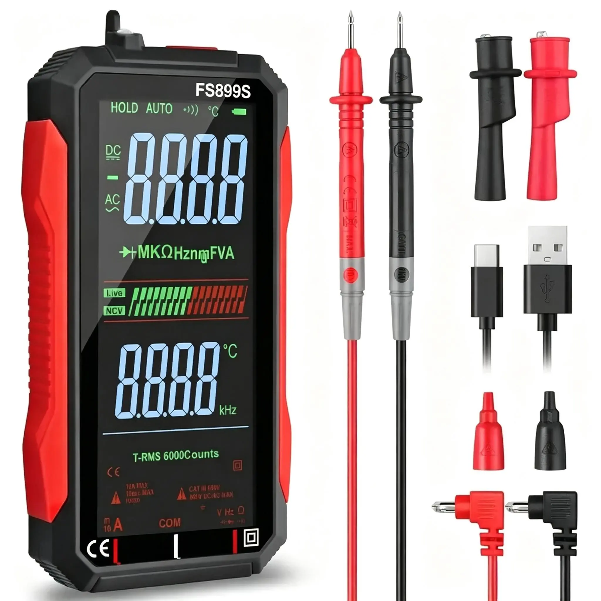 Count Digital Voltmeter,Fully Automatic True RMS (TRMS) 6000,Counts Large Color Screen & Backlight, FS899S Smart Auto Ranging Multimeter,for Automotive Home