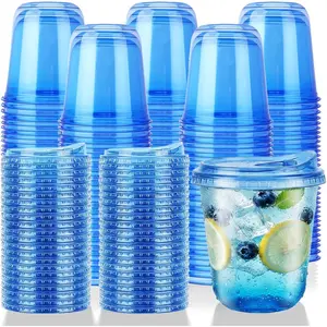 12oz Disposable Stemless Glasses With Strawless Sip Lids PET Disposable Drinking Cups Clear Plastic Wine Glasses for Birthday Wedding Meeting Christmas Party Supplies (100 Blue)