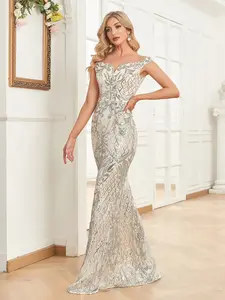 Shimmering Sequin Mermaid Formal Dress, Off-Shoulder Bodycon Evening Gown, Full Embroidery Design, Perfect for Bridesmaids, Cocktail Parties, Special Occasions