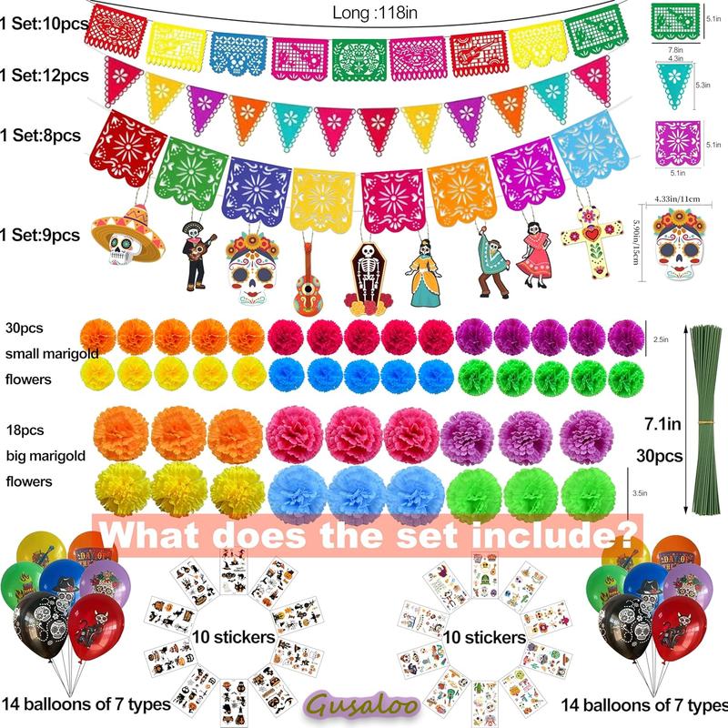 Marigold Flower Banners 250pcs Mexican Decor Kit Artificial Marigold Flowers for Day of The Dead Diwali Home DIY Party Papel Picado Ofrenda Decoration For Altar Halloween Dia De Los Muertos Colorful