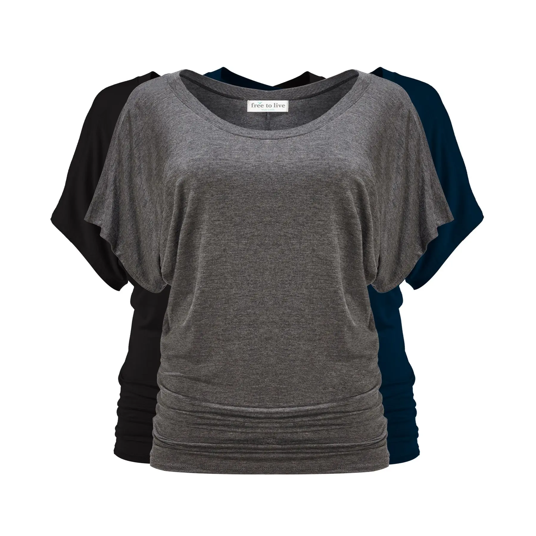Short Sleeve Dolman Tops (3 Pack: Black, Charcoal, Navy)