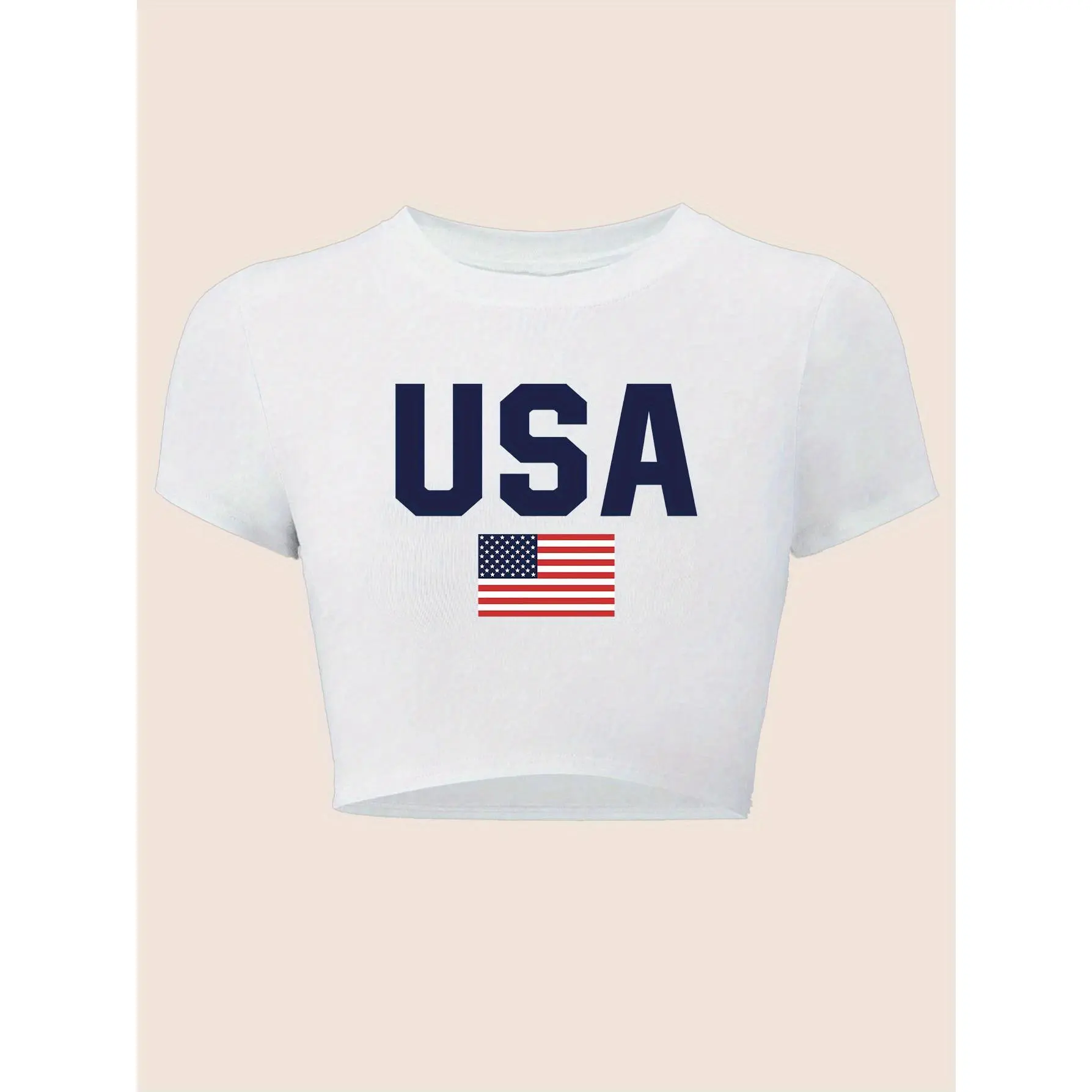 Women's USA Flag Print Short Sleeve Crop Top T-Shirt - Light Pink, Round Neck, Stretchy Fabric, Streetwear, Casual Style for Beach Days and BBQs, Sports & Outdoor Casual Summer Top, Shortsleeve, Tshirt, Crop Tops For Women