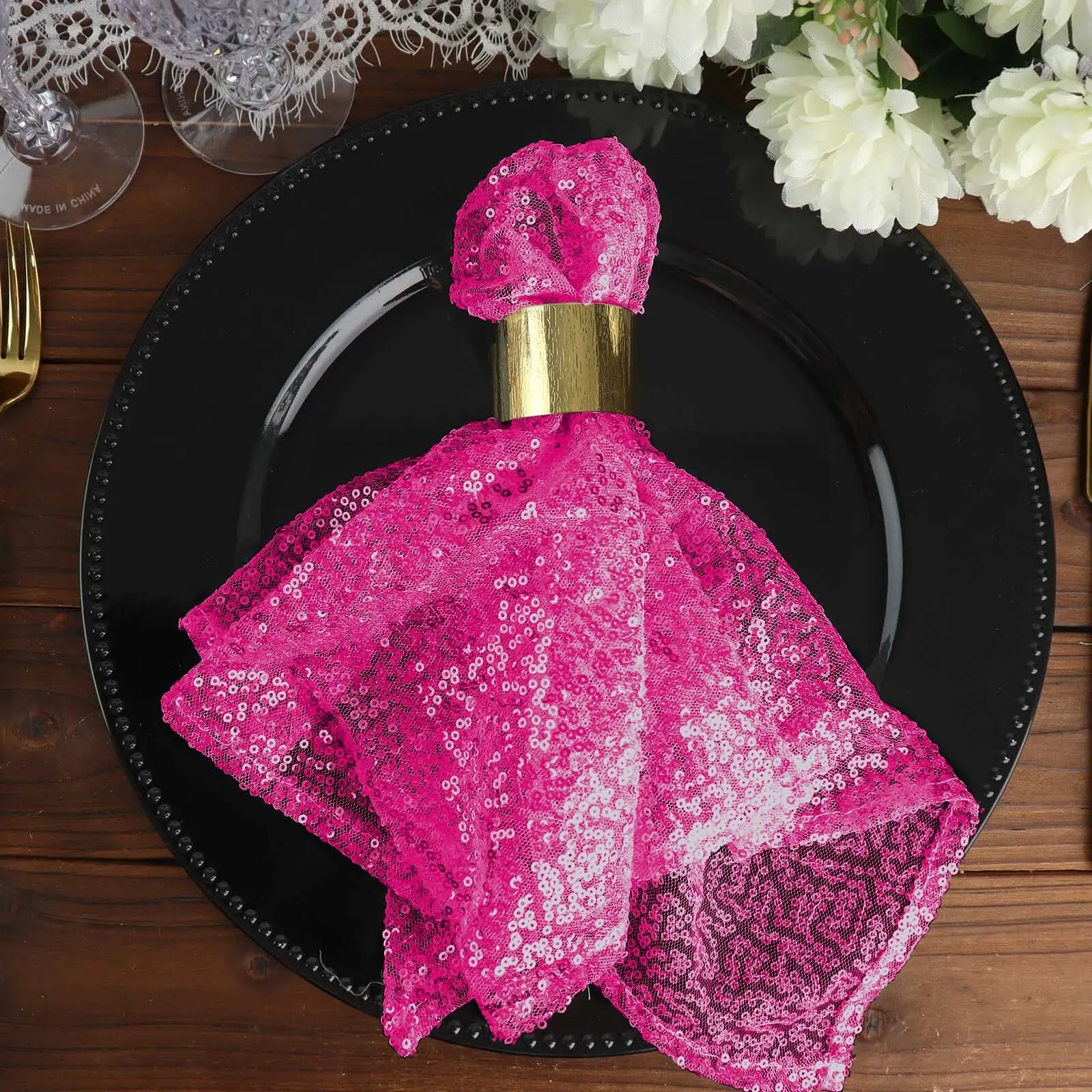 Sequin Tableware Napkin, 20"x20" Fuchsia - Restaurant Style Shimmering Dinner Napkin, Restaurant Style Napkins