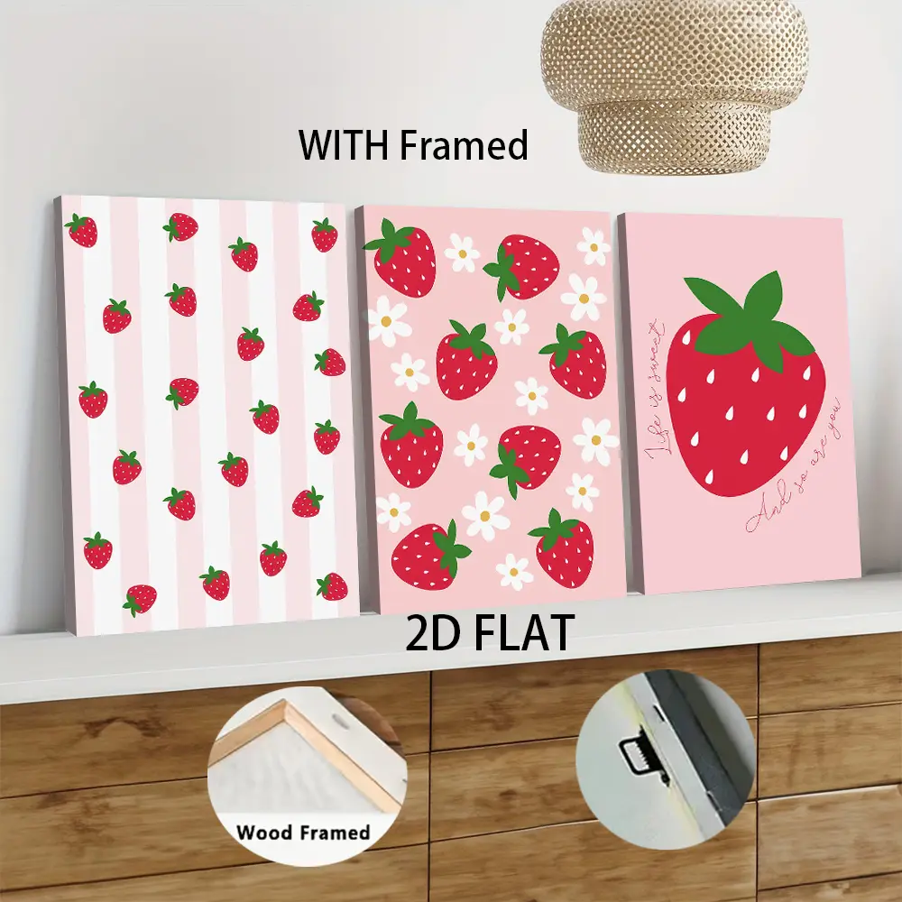 3Pcs set Wood Framed Strawberry Pattern Canvas Wall Art with Wooden Frame Pink Striped Background Cute Fruit Theme Home Decor for Living Room Bedroom Nursery Modern Minimalist Nordic Style Wall Hangin