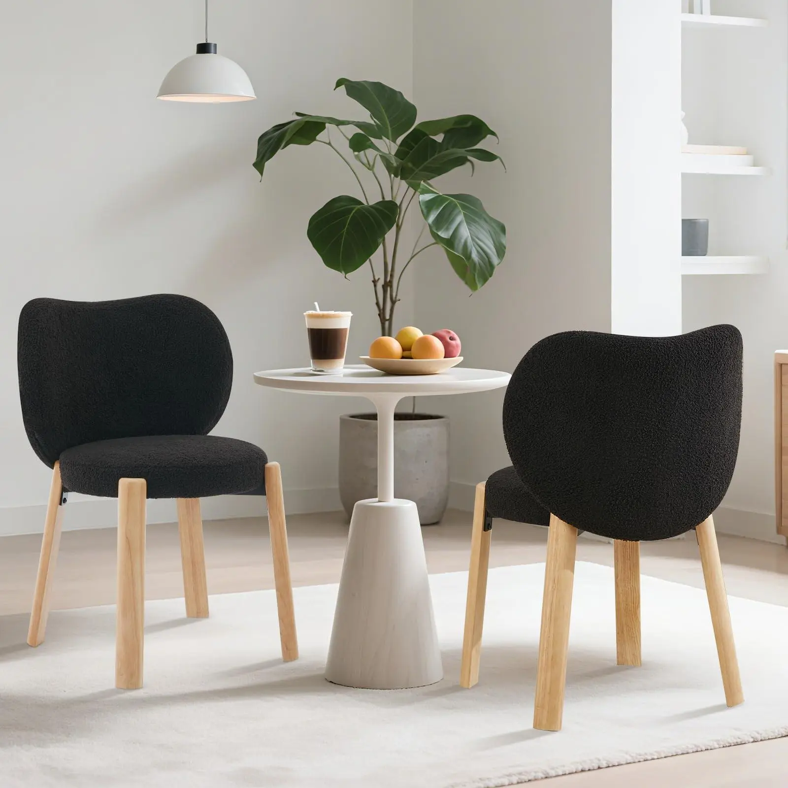 GARVEE 2PCS Black Comfy Chair Set - Plush Teddy Fabric, Round Back, Armless, Wood Legs, Indoor Accent Chair for Home Office, Bedroom