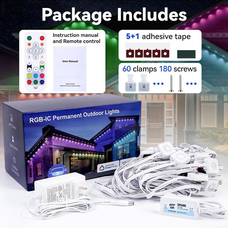 Fussion 100-200FT RGB Eave Outdoor Lights Permanent LED Colorful Eaves with APP & Remote Control IP67 Waterproof Festive Decorations 100FT/150Ft/200Ft/300FT/400FT