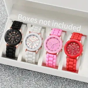 4counts - Fashionable classic candy color mixed silicone strap women's quartz watch (no box), non rechargeable button battery - suitable for gift giving