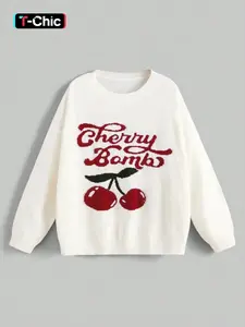 Kawaii Cherry Color Letter Print Drop Shoulder Sweater, Preppy Style Loose-Fit Fall & Winter Knitwear, Fruits & Vegetables Pattern