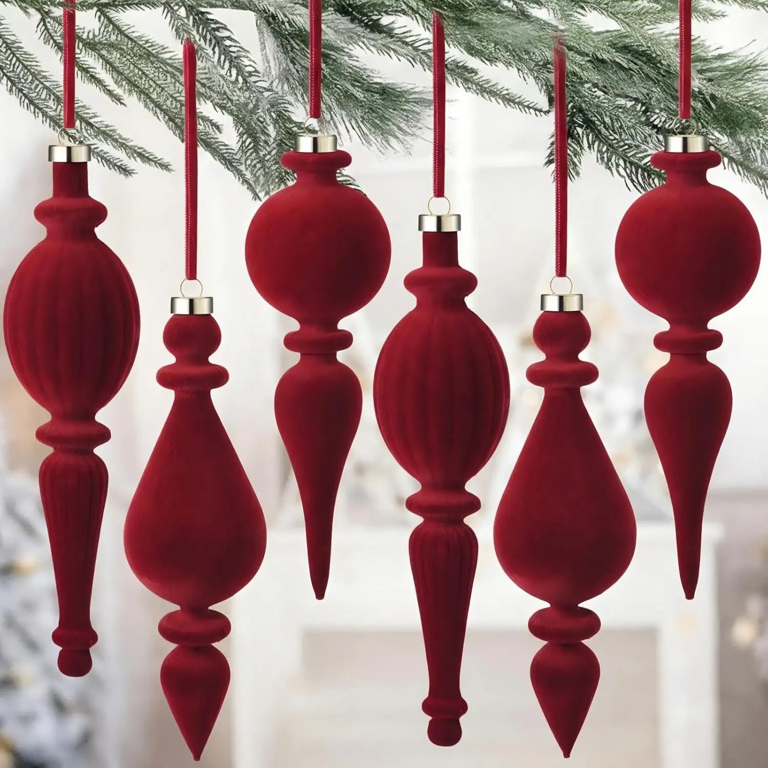 Christmas Velvet Finial Ornament Flocked Xmas Tree Hanging Decoration Plastic Velvet Christmas Ornaments for Xmas Tree Holiday Home Party Decoration