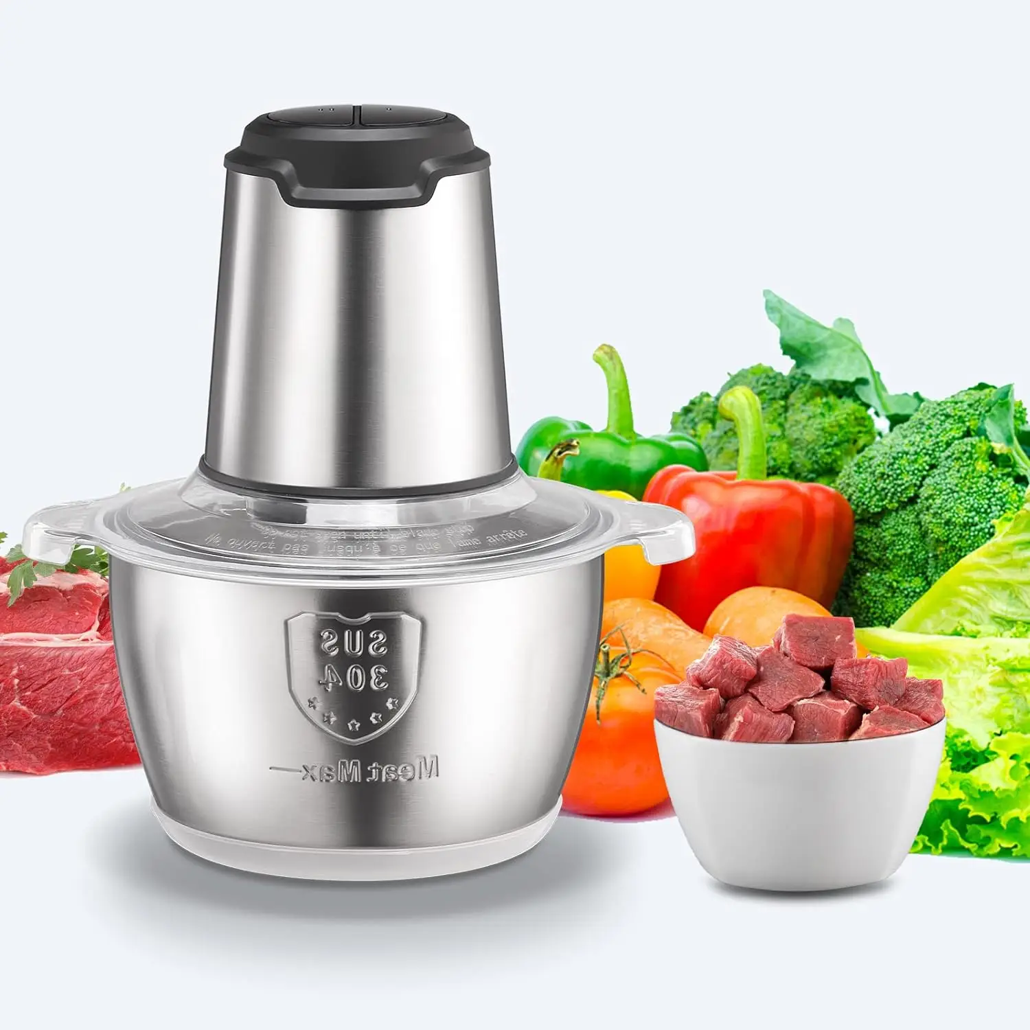Food Chopper, 8 Cup Food Processor Mini Electric, 2L 600WMeat Grinder with 4 Bi-Level Blades, Stainless Steel Mincerfor Kitchen, Vegetable, Onion, Gar