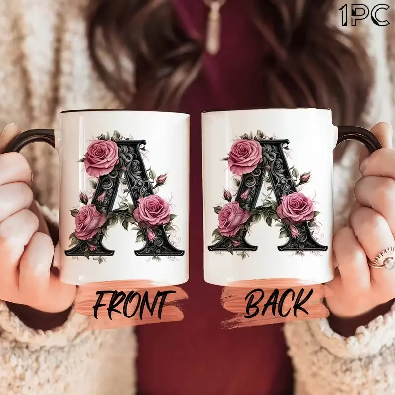 1pc Black Letter Floral A-Z Print Coffee Mug, Pink Floral, Stylish Drinkware, Alphabet Floral Ceramic Coffee Mug for Office and Home, Women'S Birthday Gift, Mom, Best Friend, Bride, Bridesmaid Gift, Mother'S Day, 11oz, Stylish Coffee Mugs