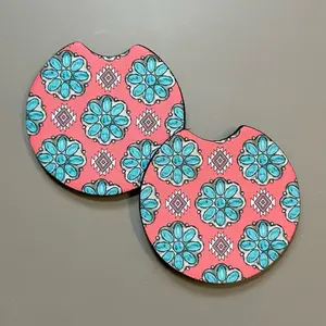 Pink and Turquoise concho Western Checkered Car Costers