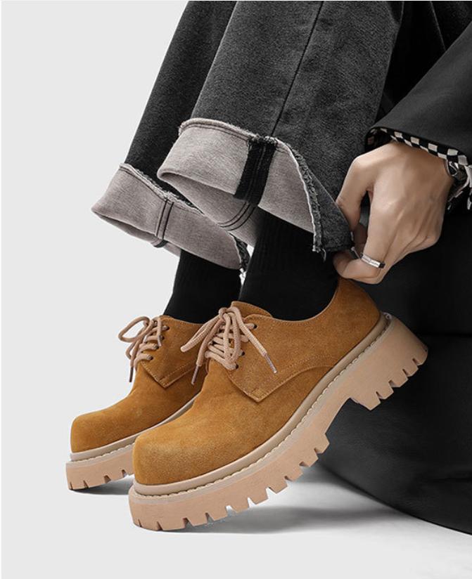 Cheat Code Height Boost: Burgundy Suede Platform Derby Shoes