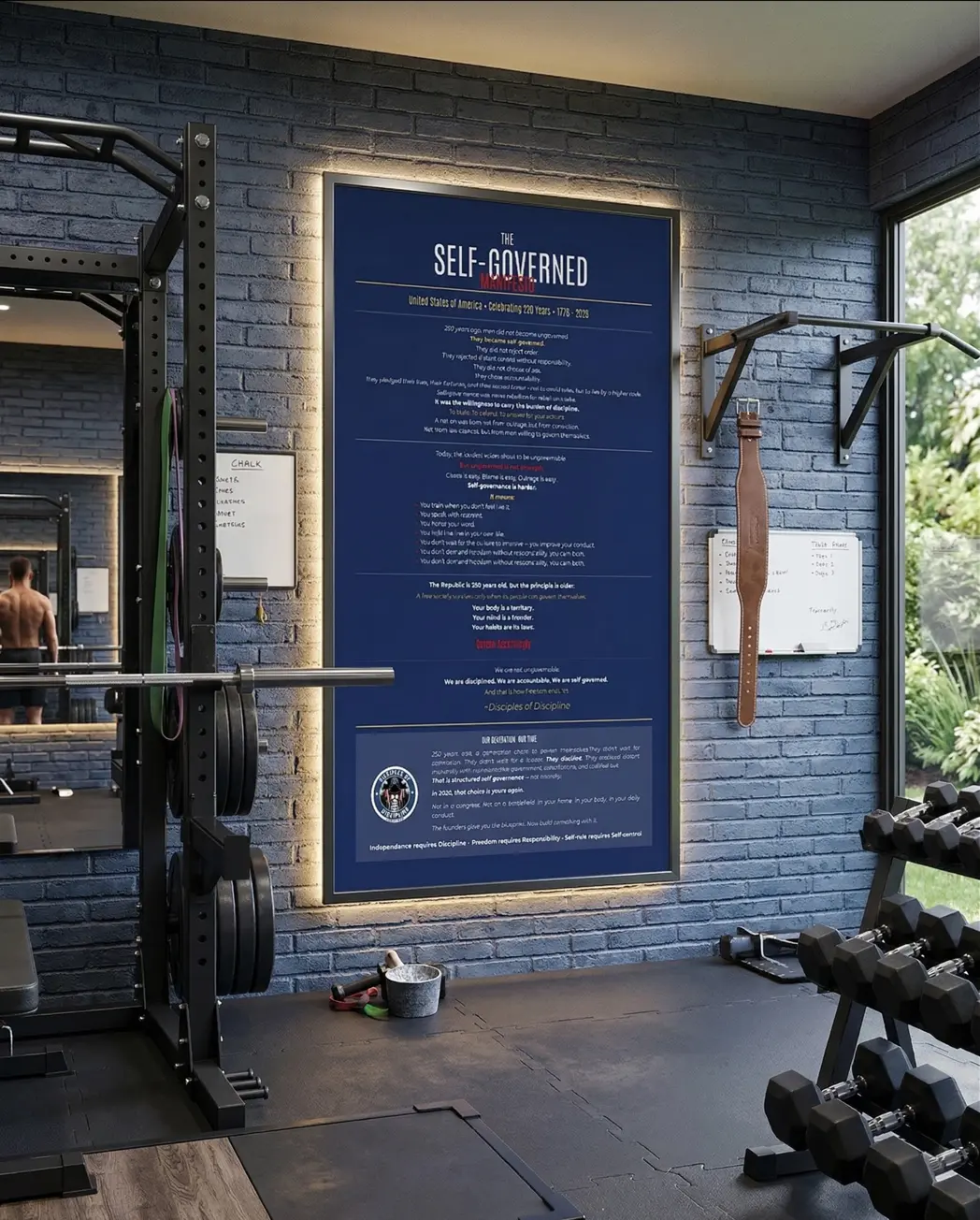 Self-Governed Manifesto Poster | USA 250th Anniversary Wall Art | Patriotic Discipline Print | Navy Gold Home Gym Office Decor 1776-2026