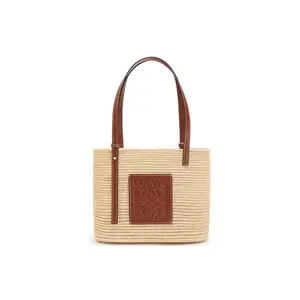 LOEWE Basket Woven Square Raffia and Leather Tote Bag for Women