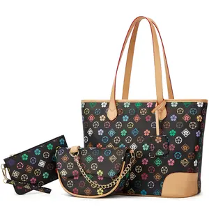 Women's Lightweight Leather Multi-Functional Floral Bag - 3-Piece Set with Compartments, Shoulder Handbag for Travel, Work, Multi Functional Bag
