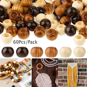 60Pcs Natural Wooden Spacer Beads 20mm Wooden Macrame Beads Large Hole Wood Beads Round Loose Beads Bead Mix Beads Set for Jewelry Making Hair DIY