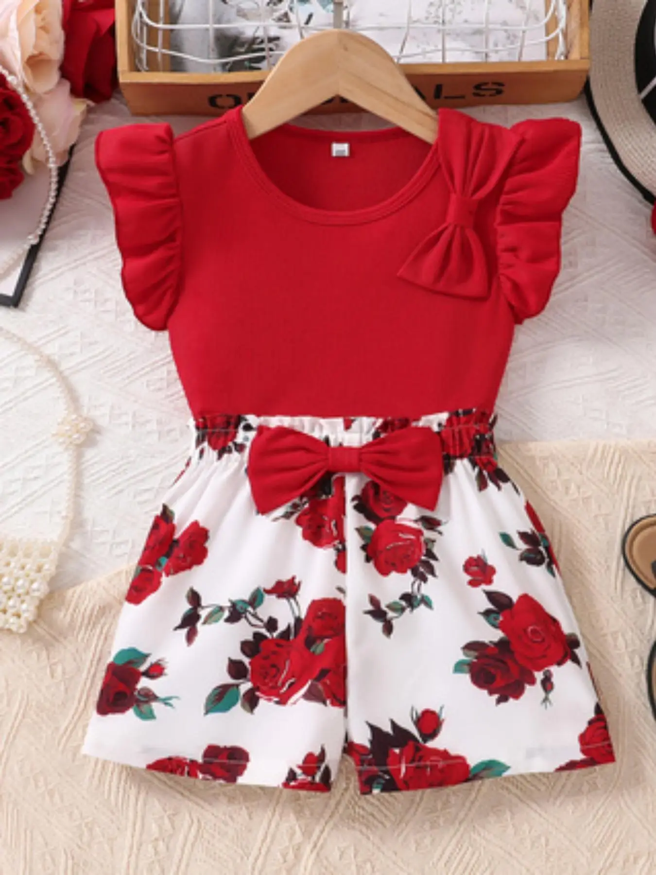 Girl's Bow Decor Short Sleeve Tee & Floral Print Pants Two-Piece Set, Casual Round Neck T-shirt & Trousers for Summer, Kids Clothes for Daily Wear