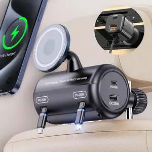 Backseat Retractable Car Charger Station,5-in-1 Headrest Charging Box 100W Max with Magsafe Car Mount Holder, 2-Port PD/QC Cigarette Lighter Adapter Ideal for All Phone/Taxi/Uber/Lyft/Driver,Rideshare Retro Denim iPhone Card Case