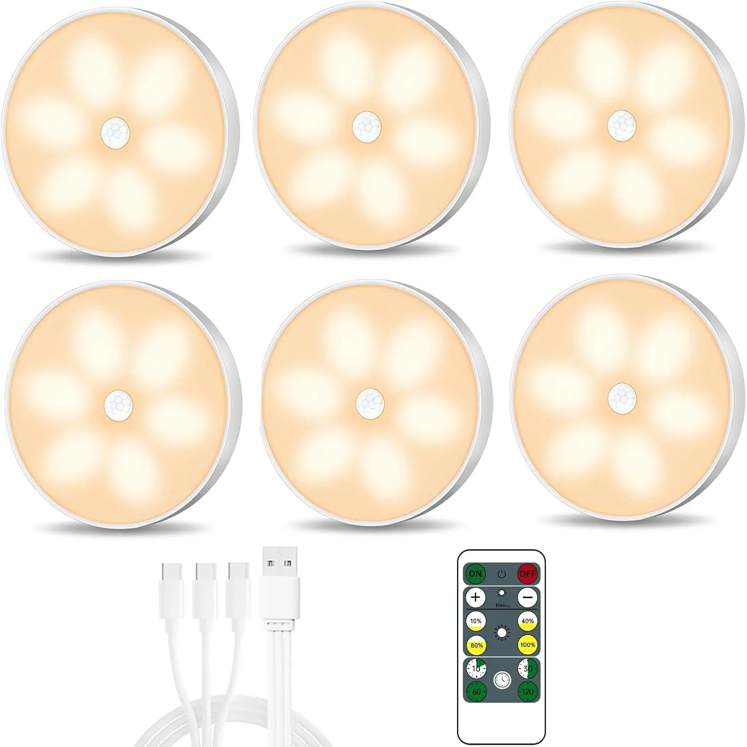 Lightbiz 6-Pack Motion Sensor Closet Lights, USB-C Rechargeable Puck Lights with Remote, Dimmable Magnetic Under Cabinet Lighting with Timer, Warm White Battery-Powered Lights for Kitchen, Stairs, Wardrobe & Hallway