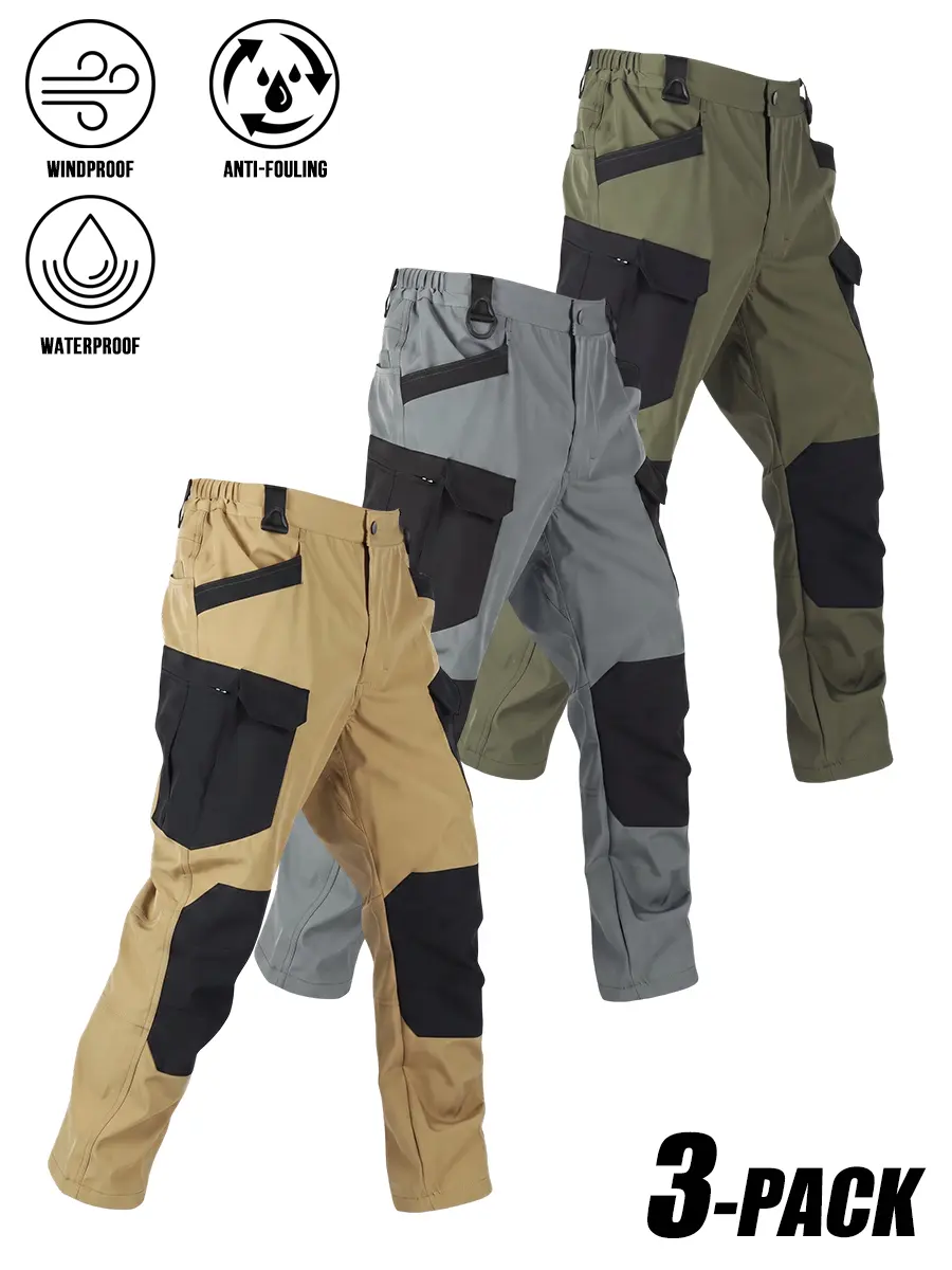 Men’s 3‑Pack Outdoor Cargo Pants, Windproof Waterproof Anti‑Fouling Multi‑Pocket Tactical Trousers, Elastic Waist Design, Durable Wear‑Resistant Fabric, Straight Leg Work Hiking Pants for Outdoor Activities and Daily We