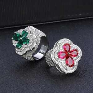 Hip Hop Micro Paved CZ Clover Ring for Men - Colorful Flower Design, Trendy Jewelry Accessory