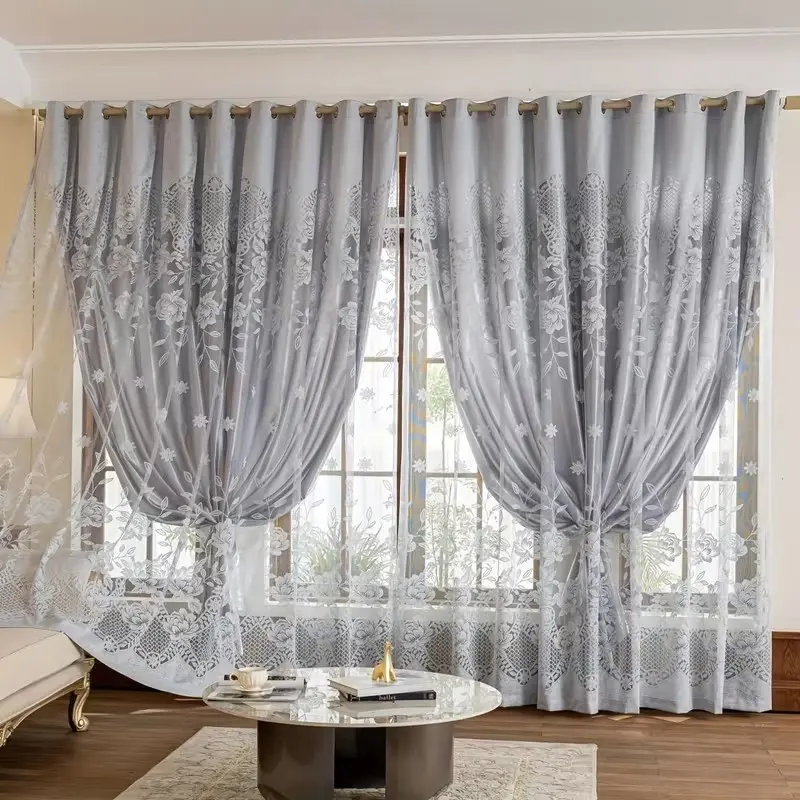 1pc Nordic Cloth Sheer Curtain Set, Dual-Layer Light Base with Floral Embroidery, Embroidered Curtains, Classic Style for Living Room Bedroom Office Decor, Home Decorative Curtain for windows, Home Decoration Curtain