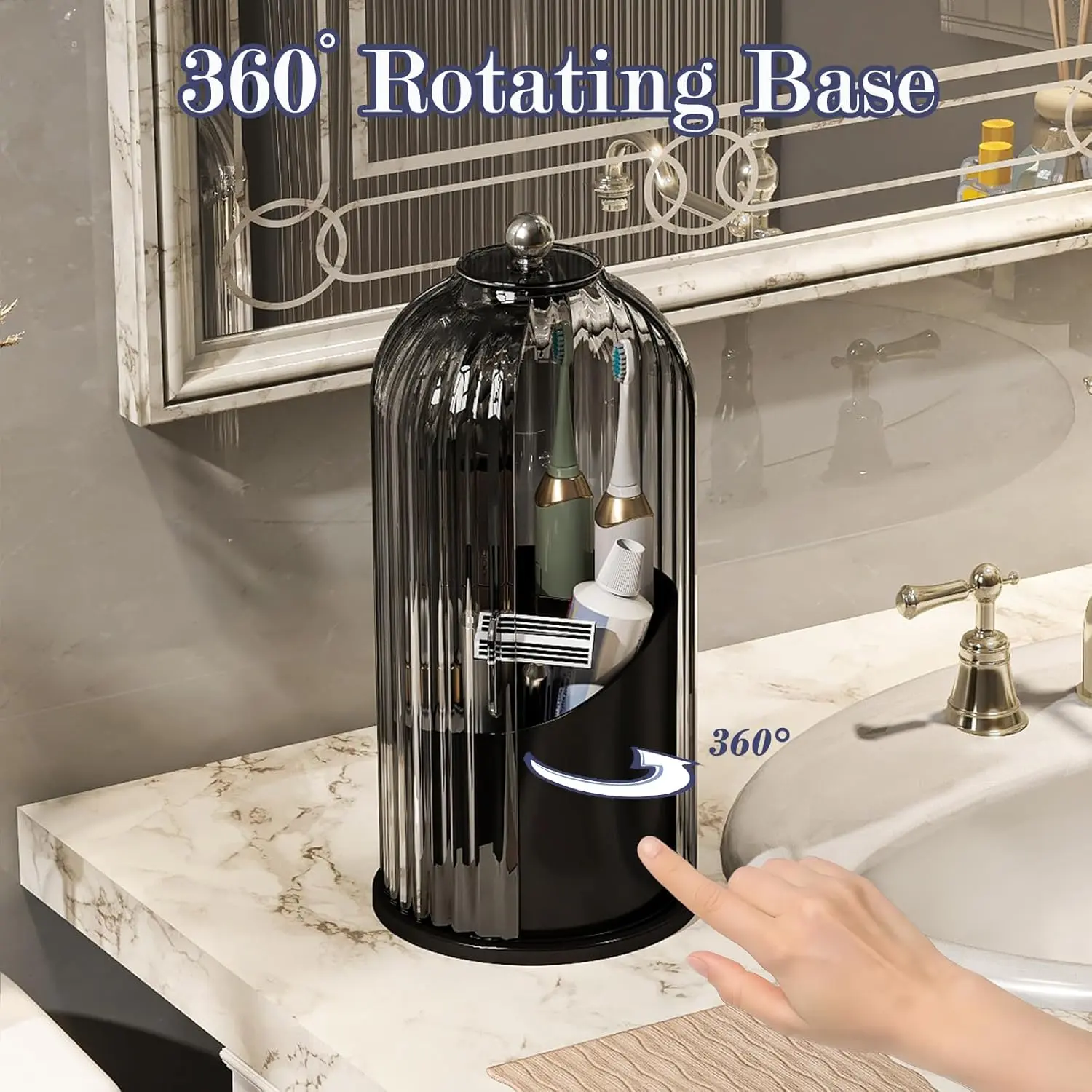 Covered Toothbrush Holder - Modern Waterproof Plastic Vanity Organizer, 360° Rotating Base, Multiple Sections, 9.84in H x 4.8in D, Portable Space-Saving Countertop Bathroom Corner Storage for Makeup Enthusiasts (Dust Protection)