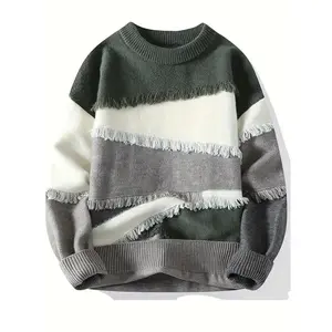 Men's Color Block Frayed Knitted Pullover, Casual Long Sleeve Crew Neck High Stretch Sweater For Fall Winter