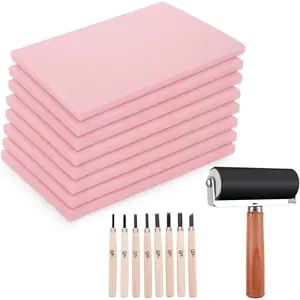 8PCS 4x6 Inch Linoleum Carving Blocks for Printmaking Rubber Linocut Block Stamp Making Kit with Wood Carving Tools Rubber Brayer Roller Soft Stamp Carving Kit for DIY Crafts