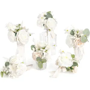Lings Moment White Wedding Flowers Mini Bridesmaid Bouquets Set of  Made Small Floral Wedding Rose Centerpieces for Bridal Shower Boho Wedding
