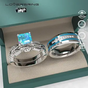 Wedding Ring Sets His And Hers Promise Ring Wedding Ring Sets His And Hers Couples Women 925 Sterling Silver Square Cut Opal Moissanite Man  Wedding Band