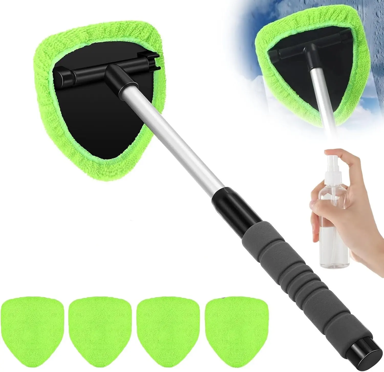 Saker Windshield Cleaner Tool Kit, Telescopic Car Window Cleaner with 4 Reusable Microfiber Pads & 100ml Bottle for Inside/Outside Glass Cleaning (Green), Car Screen Cleaner, Car Wash Accessories