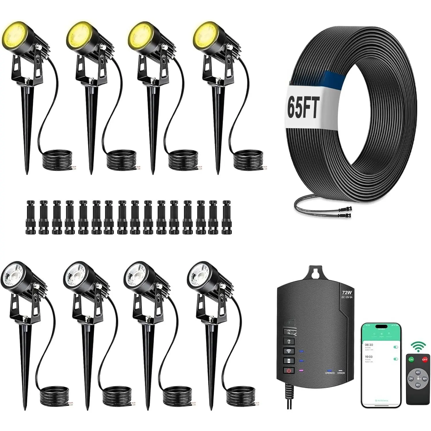 8-Pack Low  Landscape Lighting Kit with WiFi 72W Transformer,  LED Spotlights with 65ft , App and Voice Control, 3000K Warm White, 12-24V, IP65 Outdoor Pathway Uplights