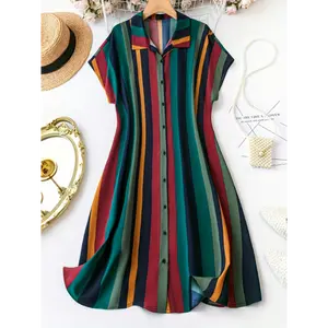 Button Front Color Block Dress, Casual Short Sleeve Striped Dress, Women's Clothing