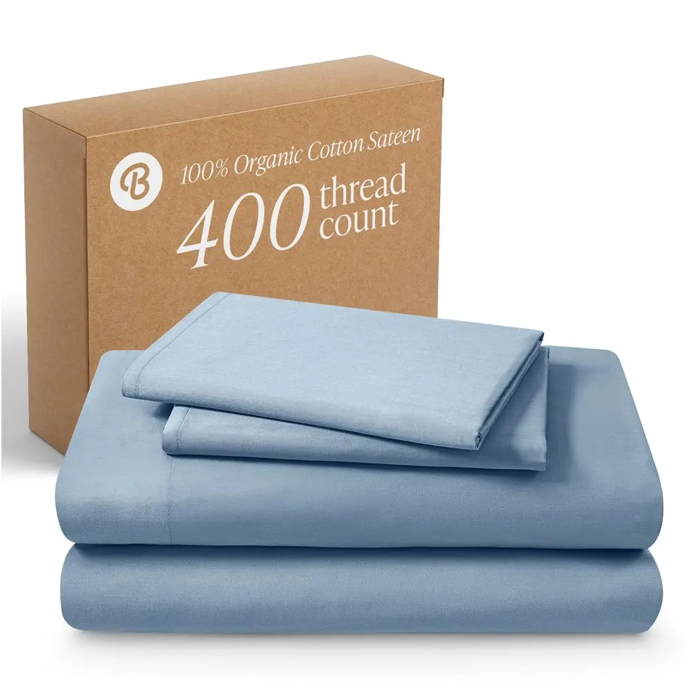 4 Piece 400 Thread Count Organic Cotton Sateen Bed Sheet Set by Bare Home - Queen Dusty Blue