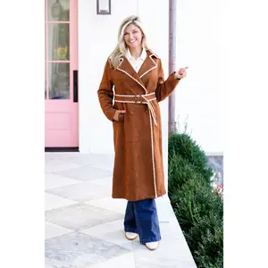 Vegan Suede Long Sleeve Trench Coat with Stitching