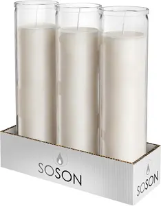Set of 3 2x8 inch 7 Day White Pillar Candles in Glass for Home Decor - Ornaments