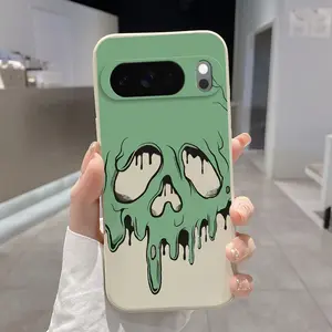 Rounded Edge Phone Case for Google Pixel 10 9 XL 8 7 Pro A Melting Skull Vision Pattern Drop Protection Shockproof Soft Liquid Silicone Smartphone Cover